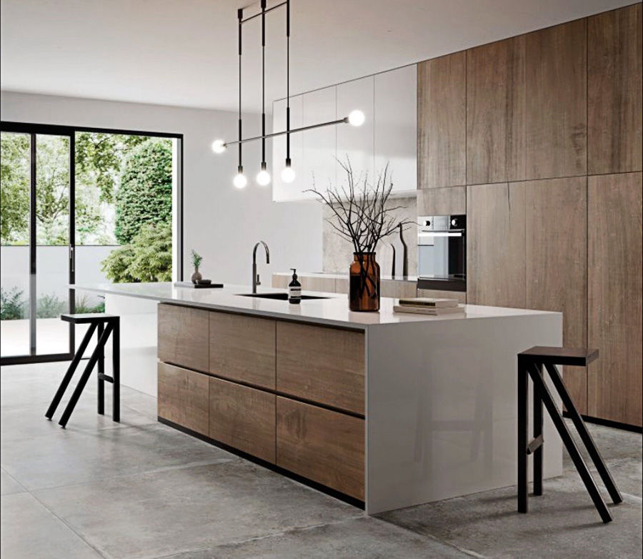 miaje cocina moderna con isla clara con toques de madera de roble