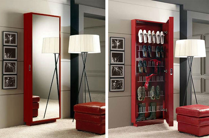 miaje mueble zapatero rojo con espejo abierto y cerrado